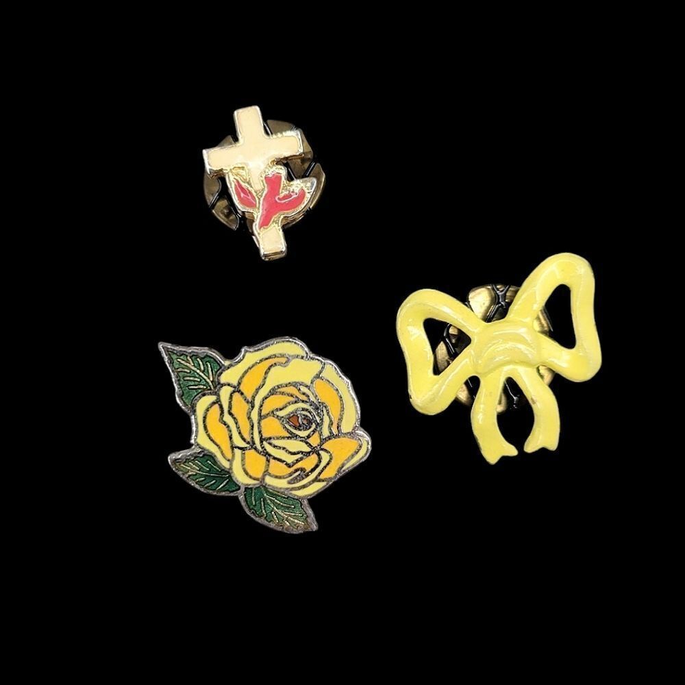 Vintage Enamel Pin Set - Cross, Rose, Bow